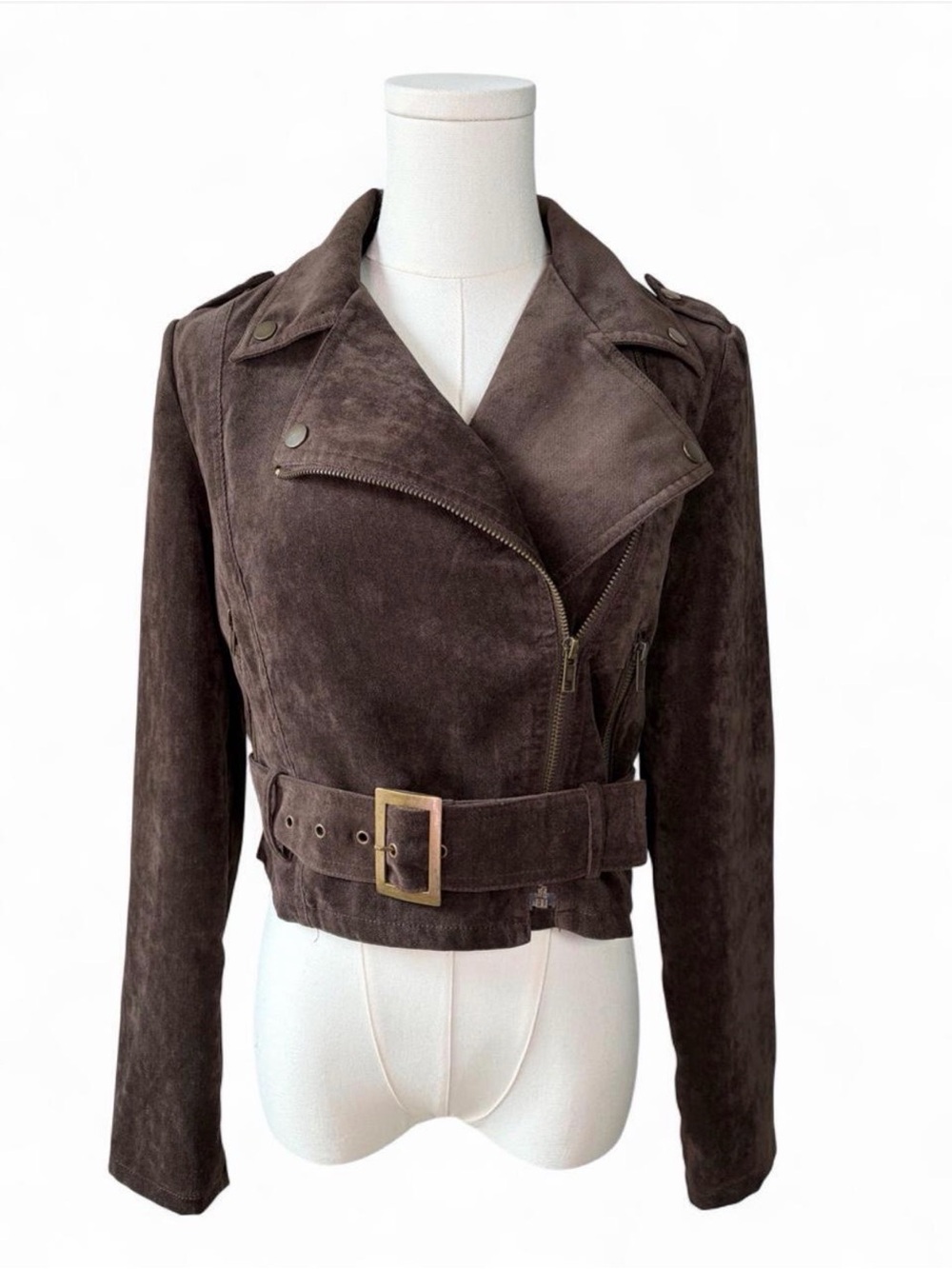 Forever 21 Chocolate Brown Faux Suede Moto Style Biker Jacket Asymmetrical Zip